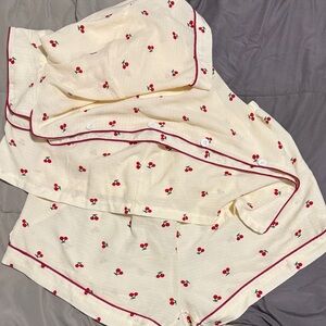 Cherry Print Pajama Set with Red Trim